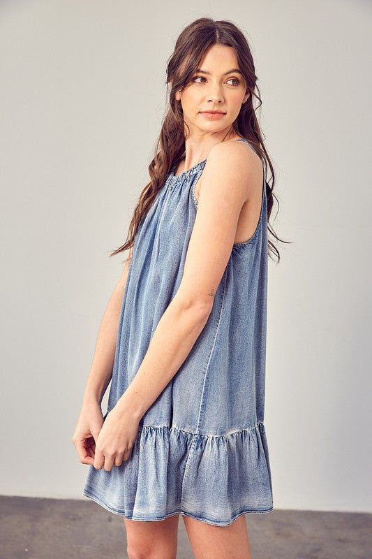 SHIRRED HALTER DENIM MINI DRESS