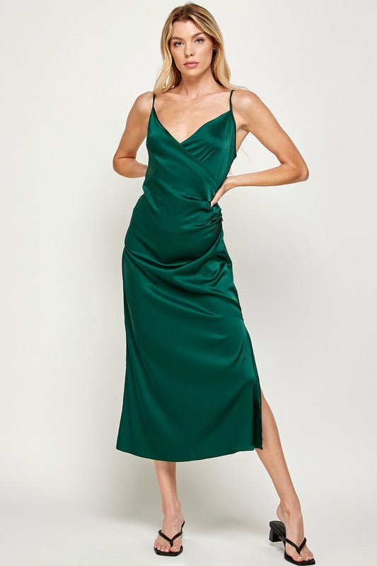 JAYE RUCHED WRAP SATIN MIDI DRESS