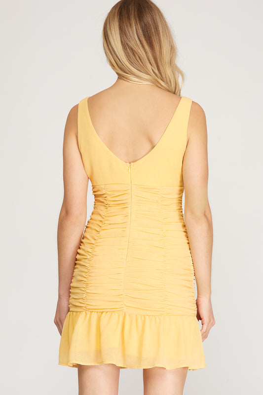 ELIANE WOVEN RUCHED YELLOW MINI DRESS