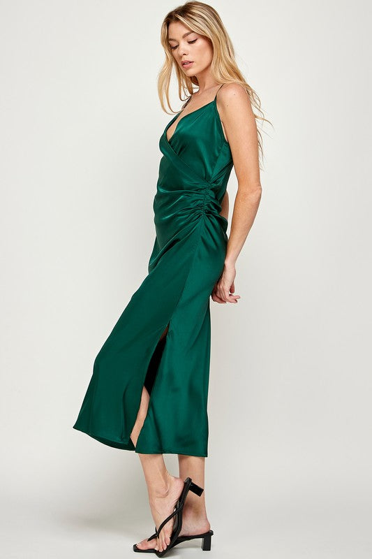 JAYE RUCHED WRAP SATIN MIDI DRESS