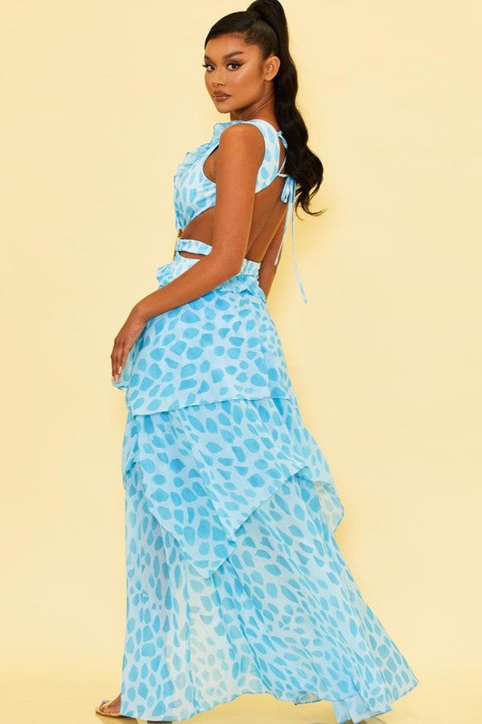 SHARIE TIERED PRINT RUFFLE CHIFON MAXI DRESS