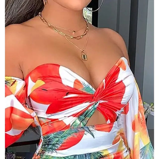 ROSANNA OFF THE SHOULDER LONG SLEEVE SWEETHEART TROPICAL SATIN MINI DRESS