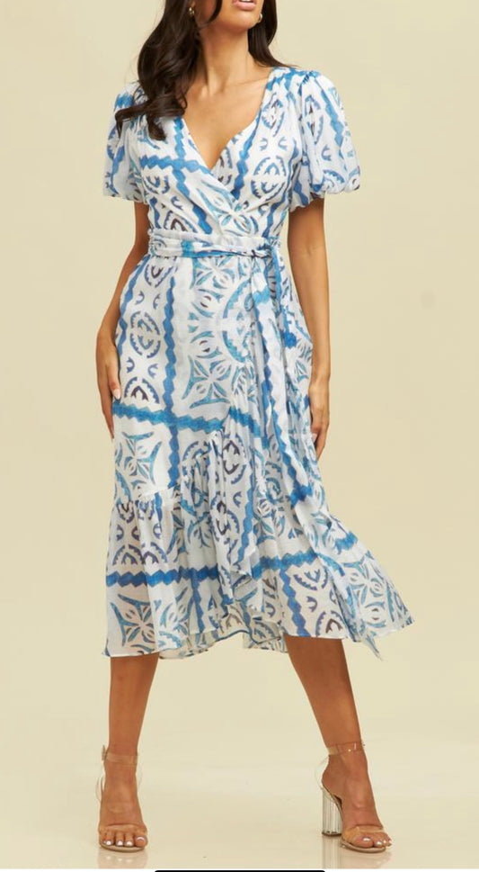 CHASTITY PUFF SLEEVE FAUX WRAP PRINT MIDI DRESS