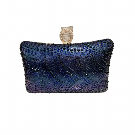 NAVY CRYSTAL BLING CURVE CLUTCH WITH CHAIN