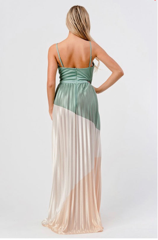 ASHLEY SATIN COLOR-BLOCK PLEATED MAXI DRESS