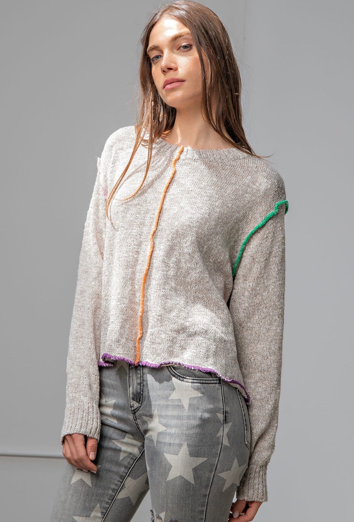 LAINEY COLORED SEAMS KNIT LONG SLEEVE SWEATER