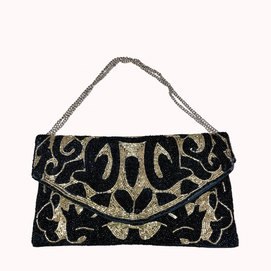 ELEGANT BLACK AND GOLD BEADED CLUTCH