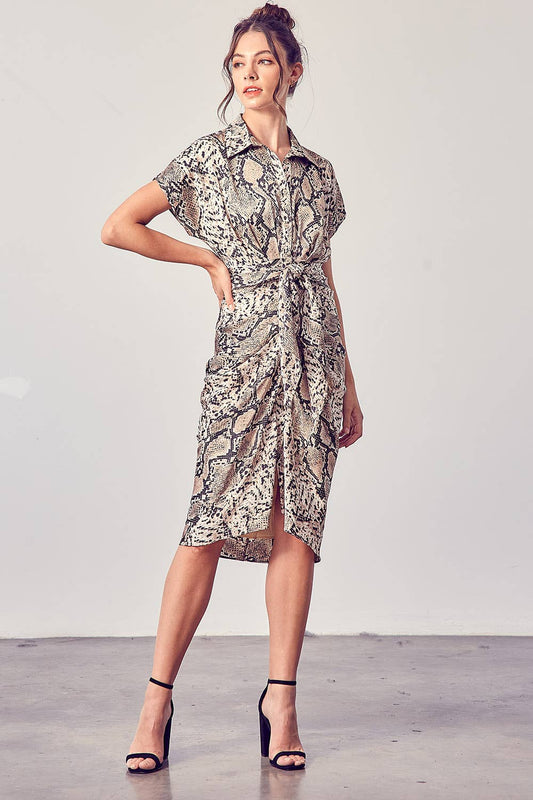 JANA SATIN SNAKE PRINT FRONT TIE MIDI DRESS