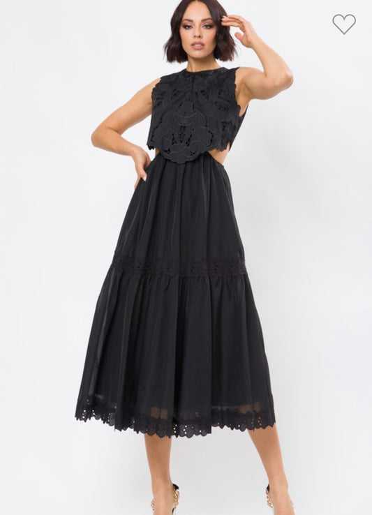 ADINA EYELET LACE SIDE CUTOUT BLACK MIDI DRESS