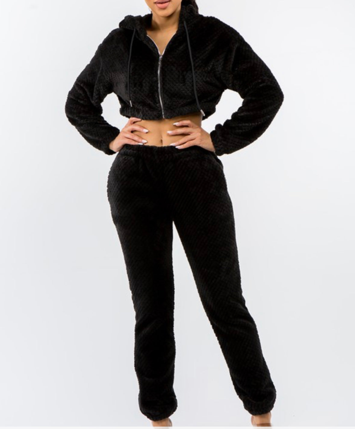 SNOWIE PLUSH VELVET CROPPED SWEATER AND SWEATPANTS