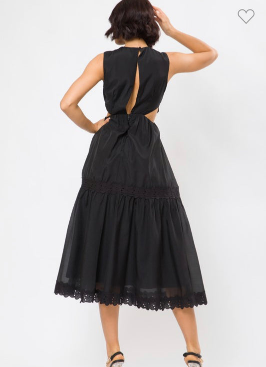 ADINA EYELET LACE SIDE CUTOUT BLACK MIDI DRESS