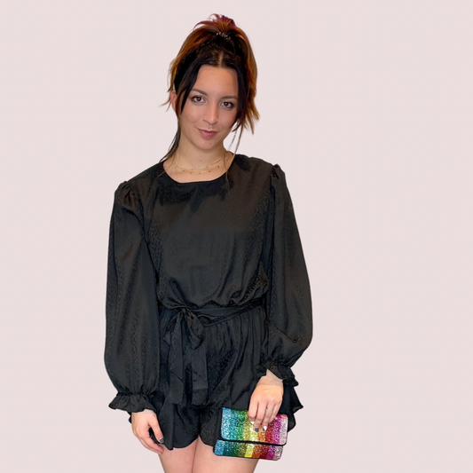 KELLY SATIN LEOPARD EMBOSSED LONG SLEEVE ROMPER