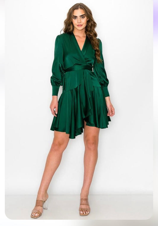 KIAH SATIN LONG SLEEVE WRAP MINI DRESS
