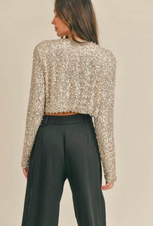 BRIANNA PEARL & SEQUINED CHAMPAGNE CROPPED JACKET