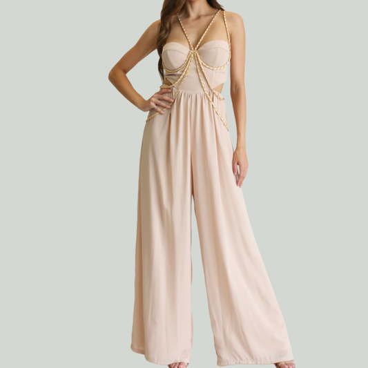 ARI DRAPED CHAIN STRAP WIDE LEG JUMPSUIT