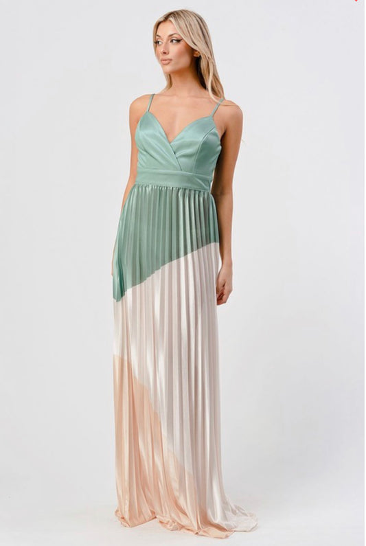 ASHLEY SATIN COLOR-BLOCK PLEATED MAXI DRESS