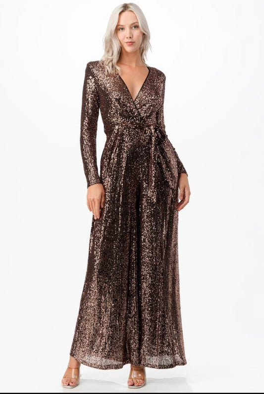 MABLE SEQUINED LONG SLEEVE WIDE LEG JUMPSUIT