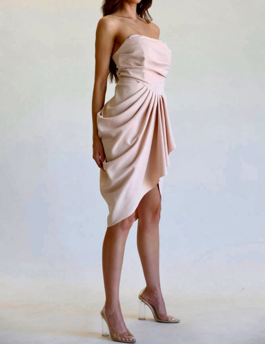 BENITA BLUSH STRAPLESS RUCHED MIDI DRESS