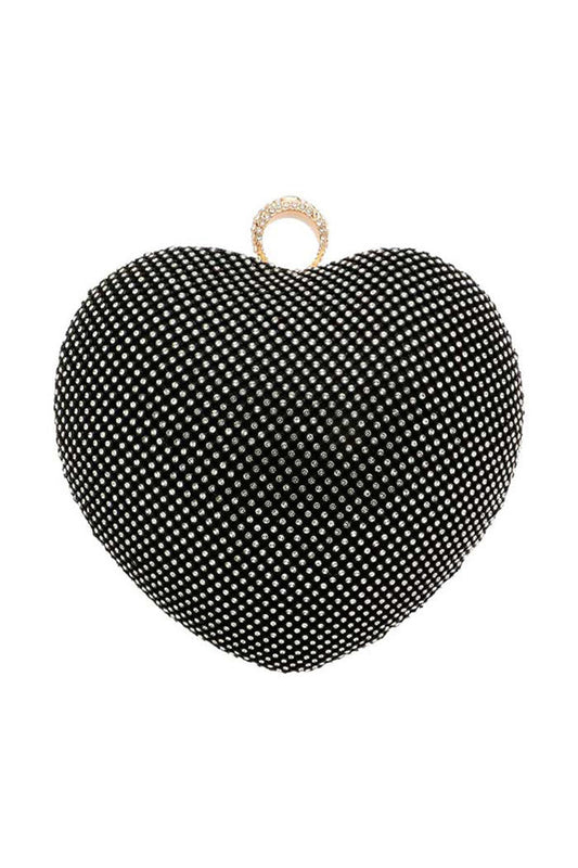 EMBELLISHED RHINESTONED SATIN HEART SHAPED CLUTCH