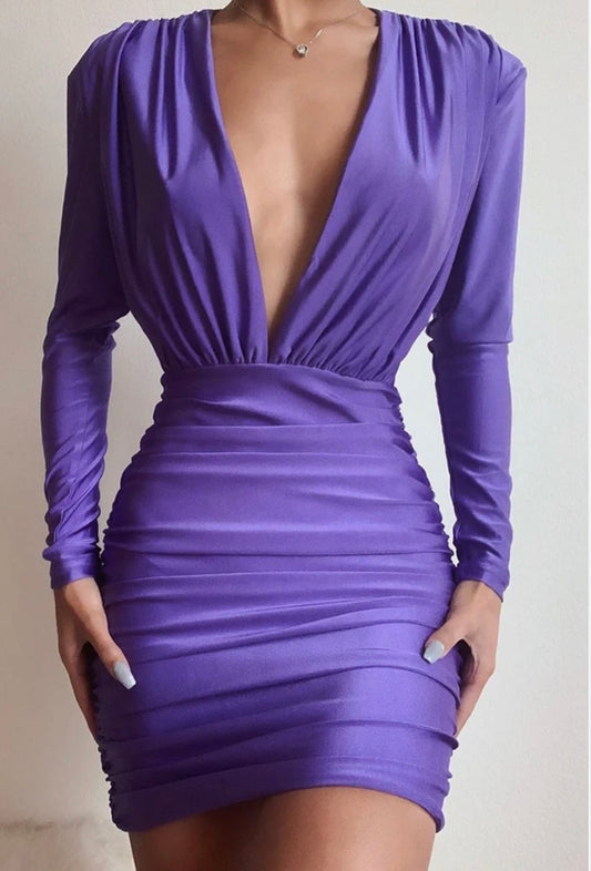 BETHANY DEEP V NECK LONG SLEEVE MINI DRESS