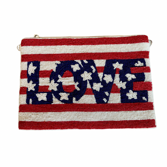 PATRIOTIC RED WHITE AND BLUE LOVE BEADED CLUTCH