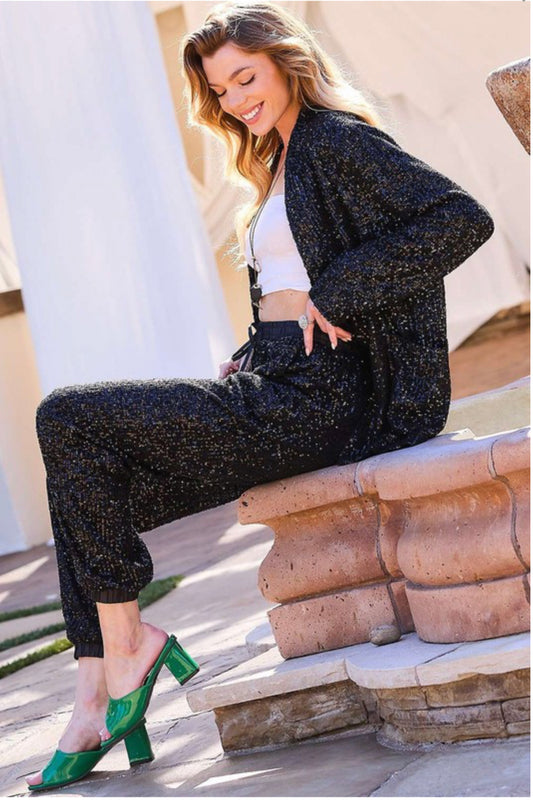 AMIE SEQUINED BLACK JOGGERS