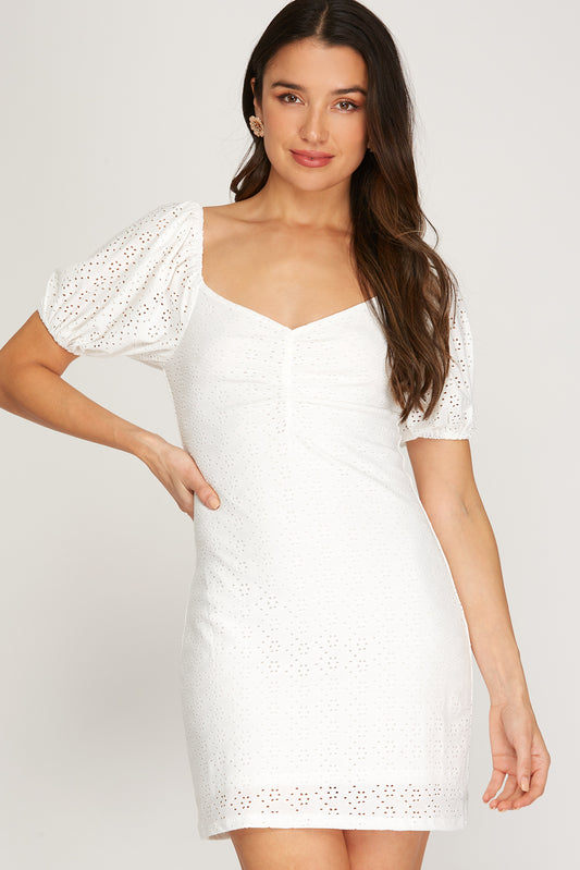 AMAYA WHITE SHORT SLEEVE EYELET LACE MINI DRESS